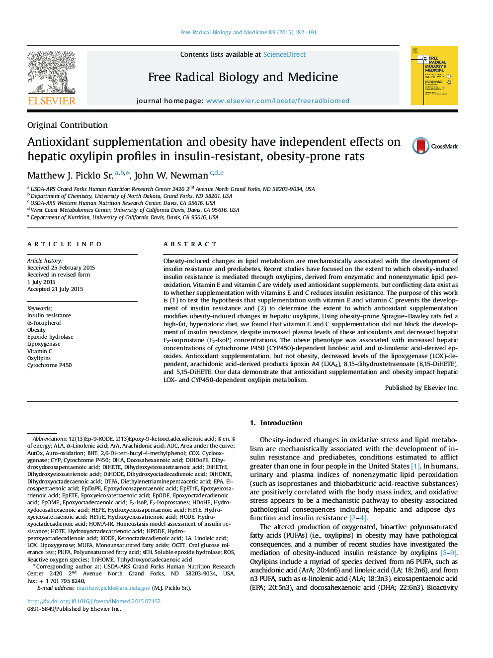 Antioxidant supplementation and obesity have independent effects on hepatic oxylipin profiles in insulin-resistant, obesity-prone rats