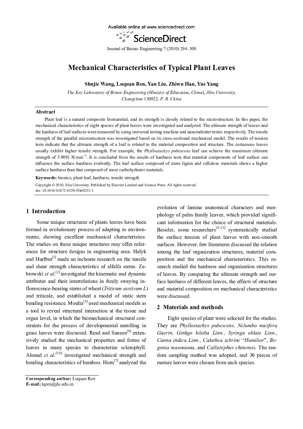 Mechanical Characteristics of Typical Plant Leaves