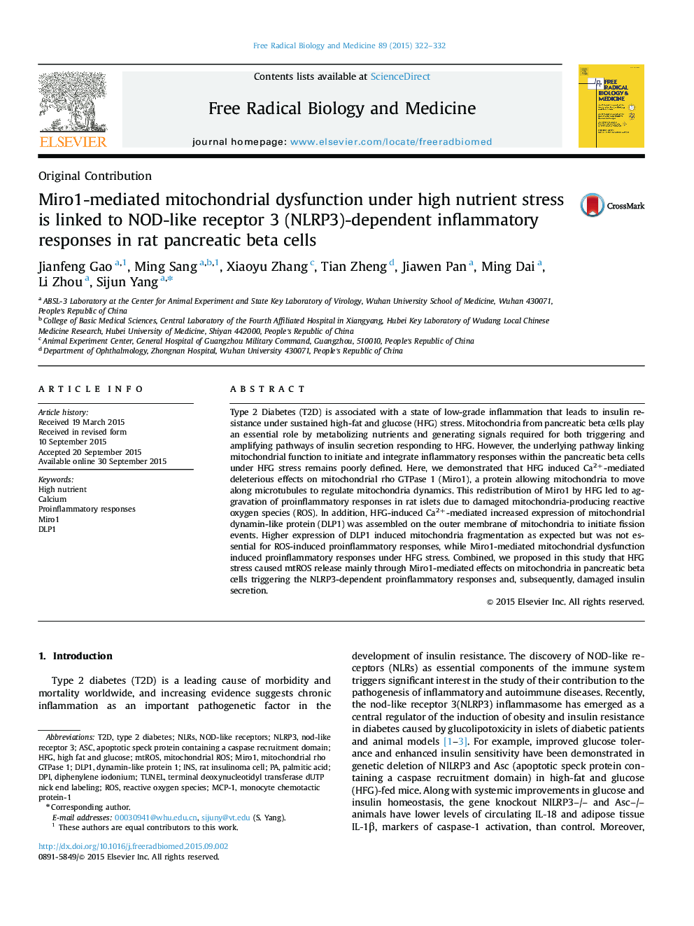 Miro1-mediated mitochondrial dysfunction under high nutrient stress is linked to NOD-like receptor 3 (NLRP3)-dependent inflammatory responses in rat pancreatic beta cells