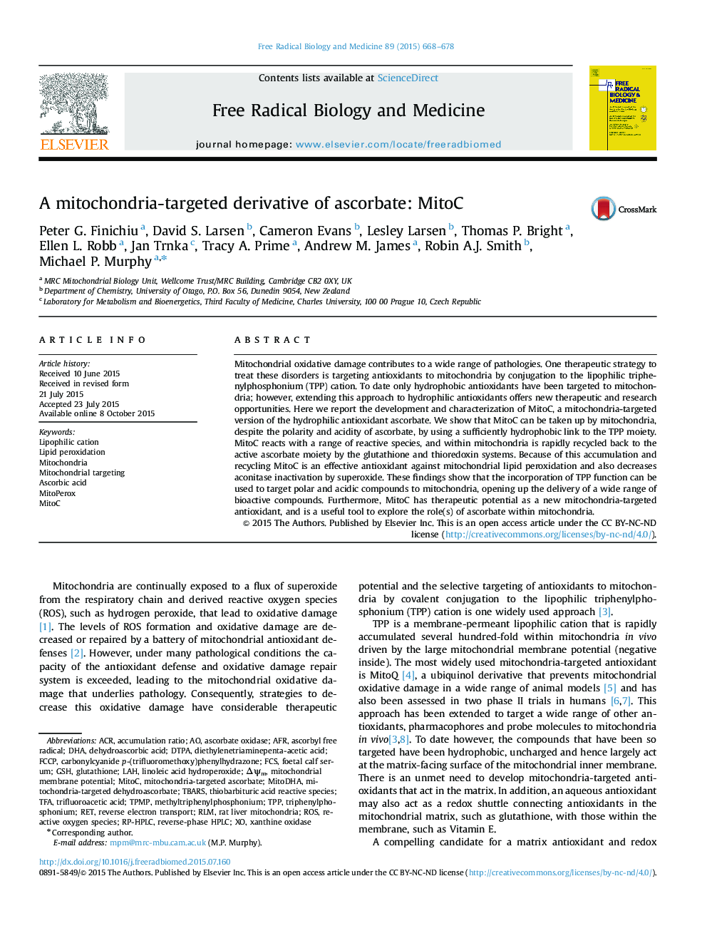 A mitochondria-targeted derivative of ascorbate: MitoC