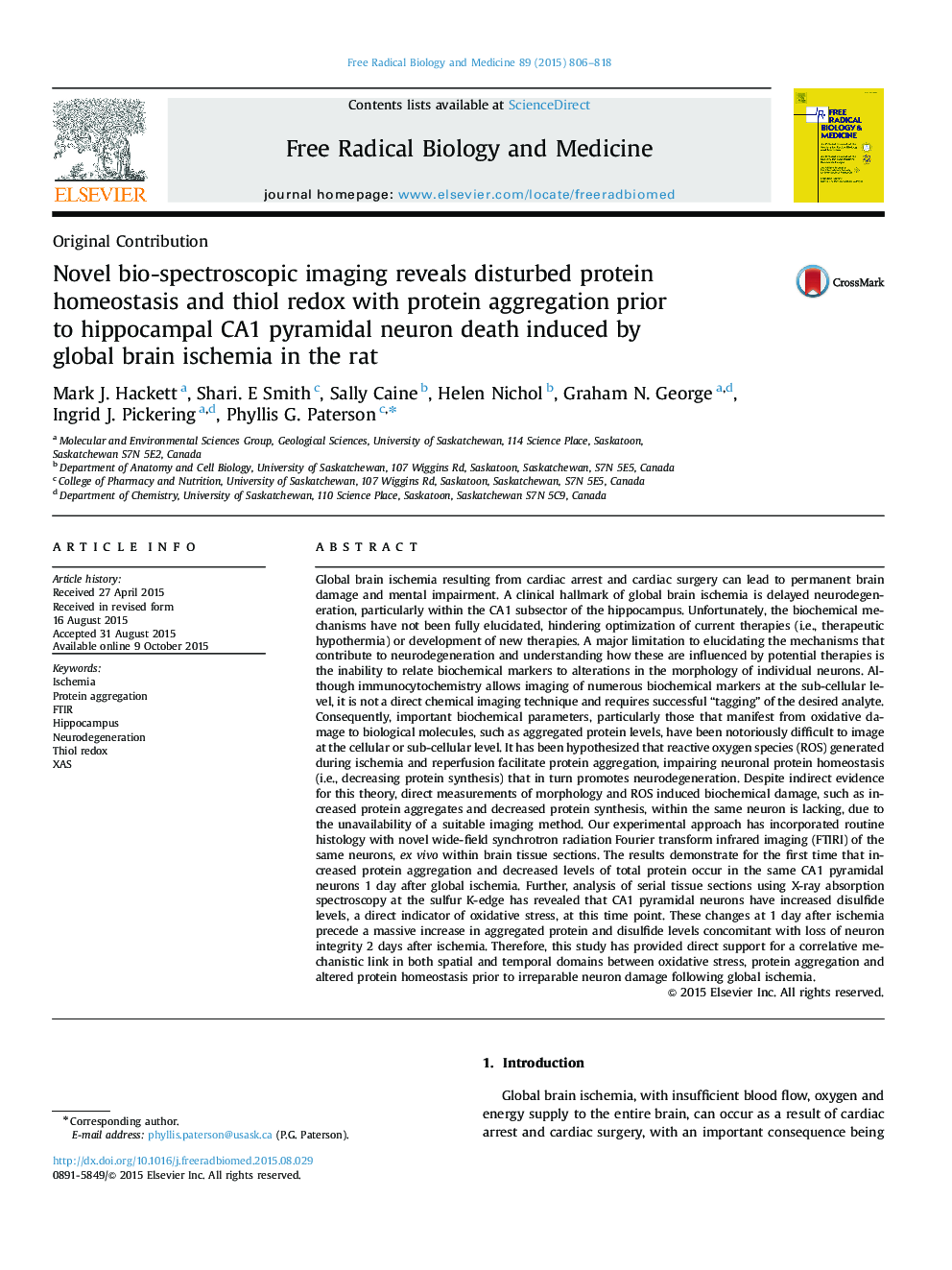 Novel bio-spectroscopic imaging reveals disturbed protein homeostasis and thiol redox with protein aggregation prior to hippocampal CA1 pyramidal neuron death induced by global brain ischemia in the rat