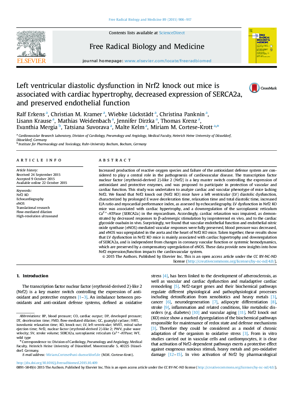 Left ventricular diastolic dysfunction in Nrf2 knock out mice is associated with cardiac hypertrophy, decreased expression of SERCA2a, and preserved endothelial function