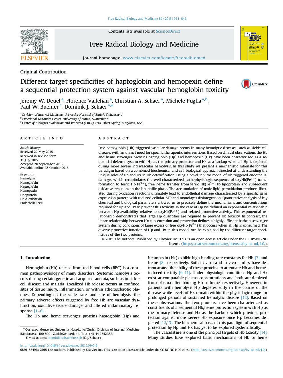 Different target specificities of haptoglobin and hemopexin define a sequential protection system against vascular hemoglobin toxicity