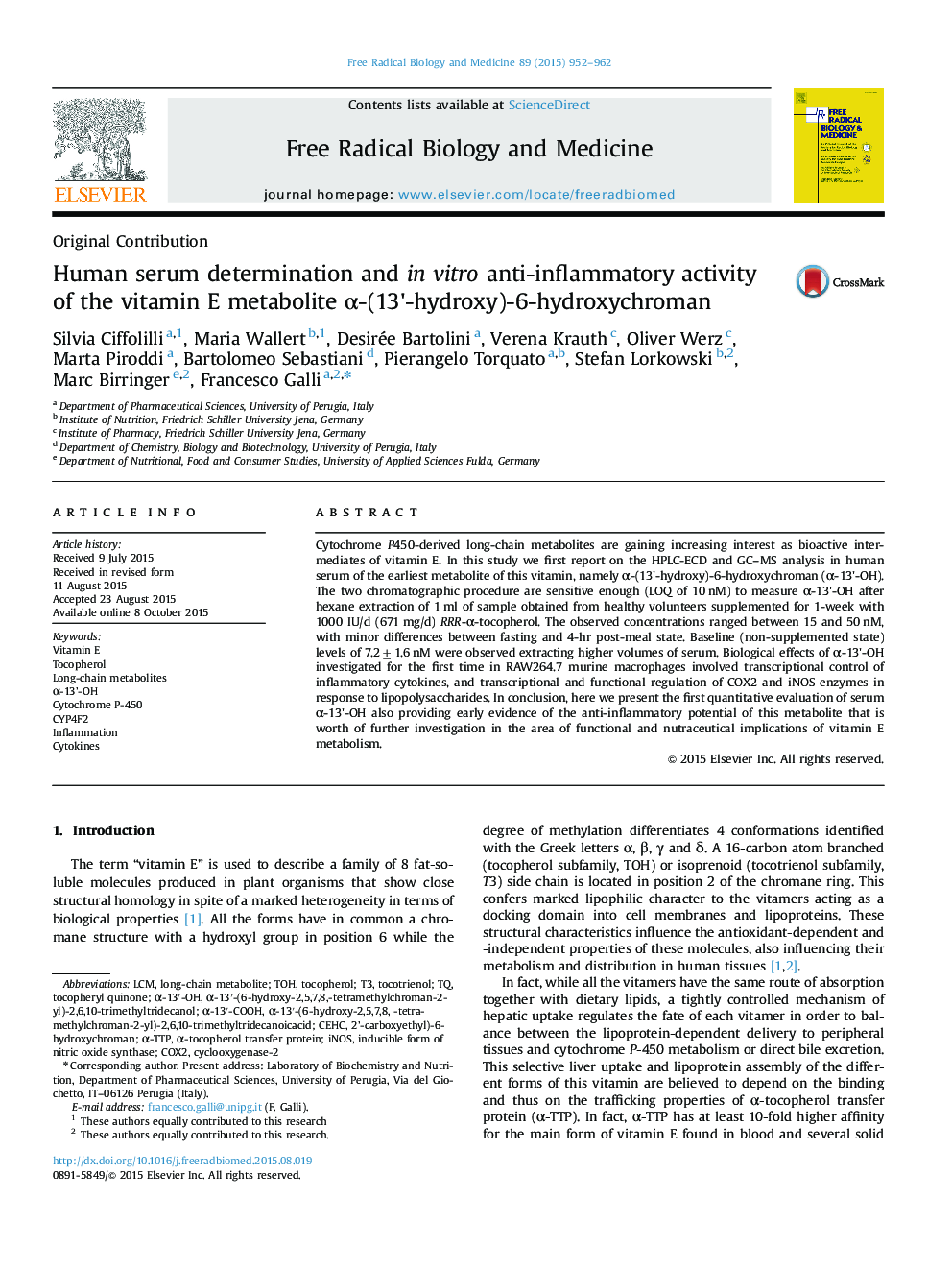 Human serum determination and in vitro anti-inflammatory activity of the vitamin E metabolite Î±-(13'-hydroxy)-6-hydroxychroman