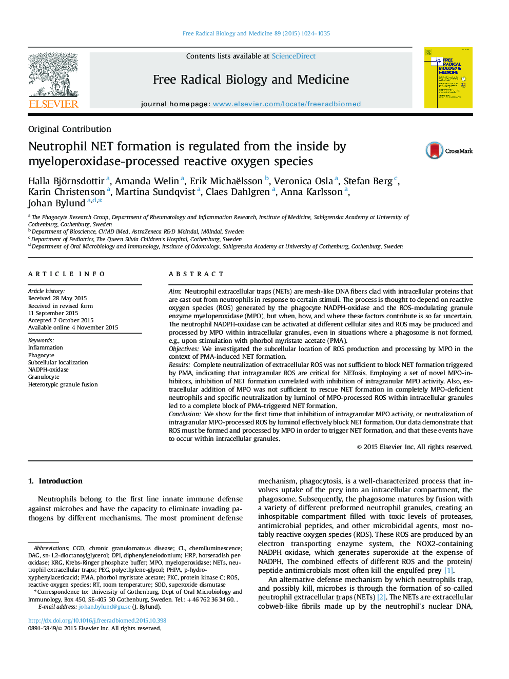 Neutrophil NET formation is regulated from the inside by myeloperoxidase-processed reactive oxygen species