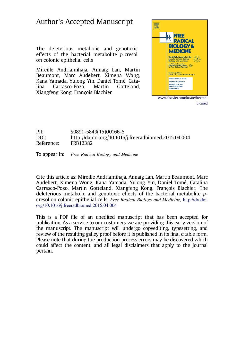 The deleterious metabolic and genotoxic effects of the bacterial metabolite p-cresol on colonic epithelial cells