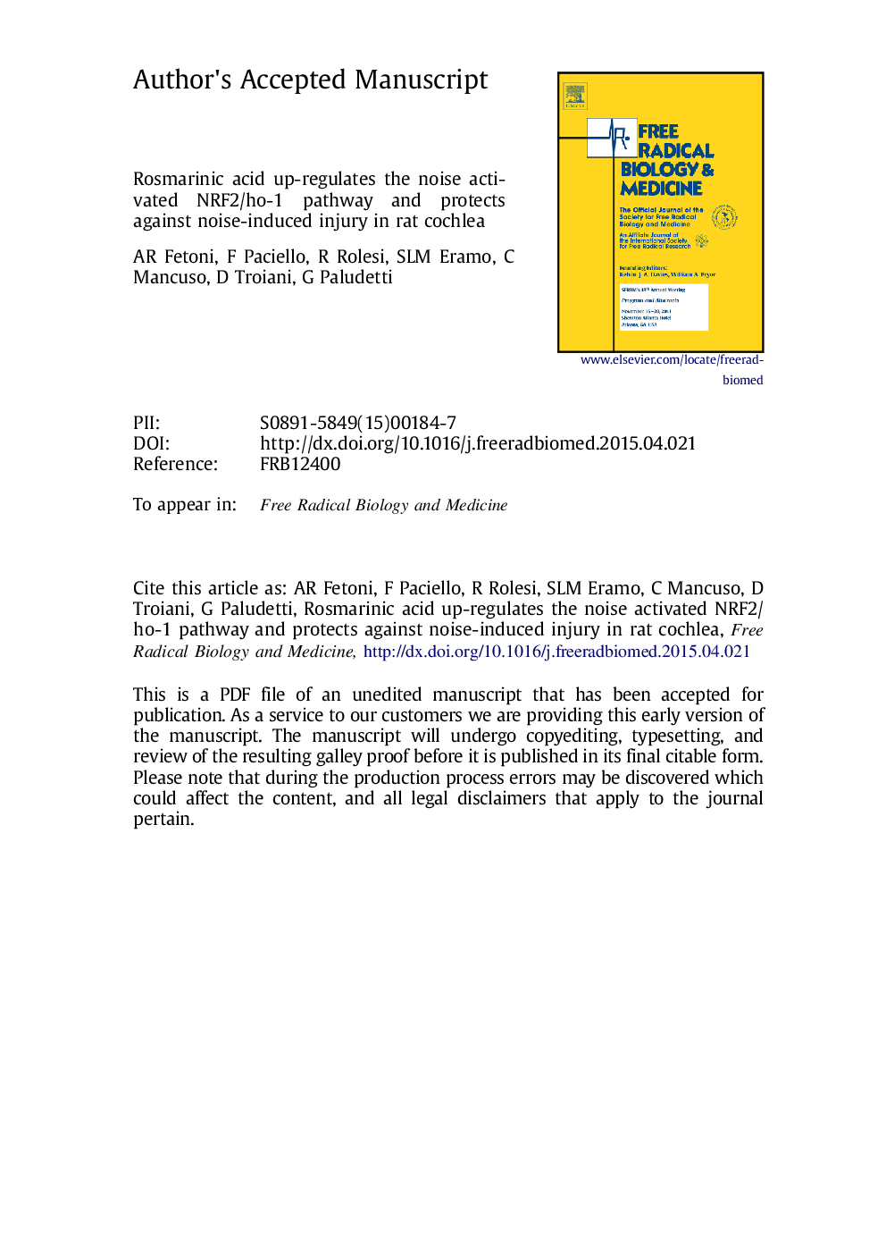 Rosmarinic acid up-regulates the noise-activated Nrf2/HO-1 pathway and protects against noise-induced injury in rat cochlea