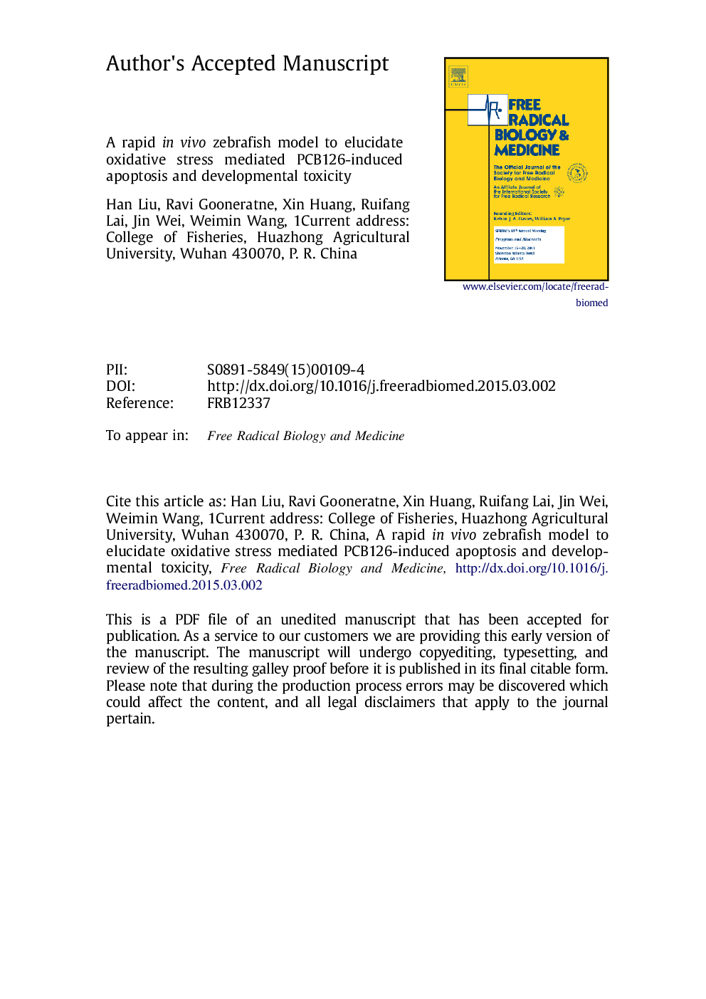 A rapid in vivo zebrafish model to elucidate oxidative stress-mediated PCB126-induced apoptosis and developmental toxicity