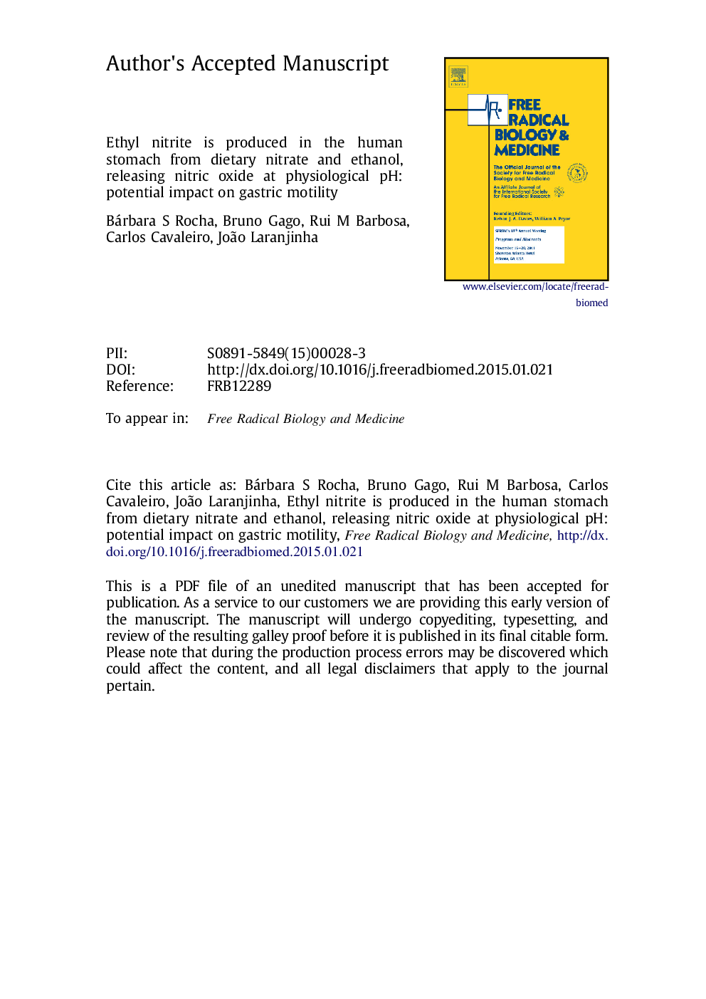 Ethyl nitrite is produced in the human stomach from dietary nitrate and ethanol, releasing nitric oxide at physiological pH: potential impact on gastric motility