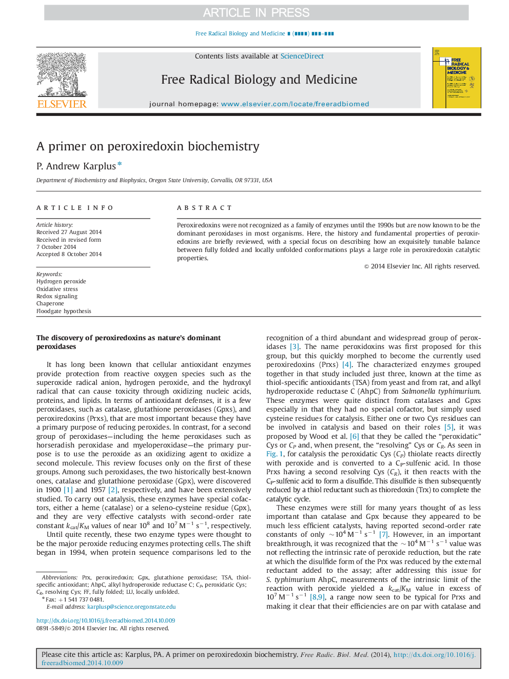 A primer on peroxiredoxin biochemistry