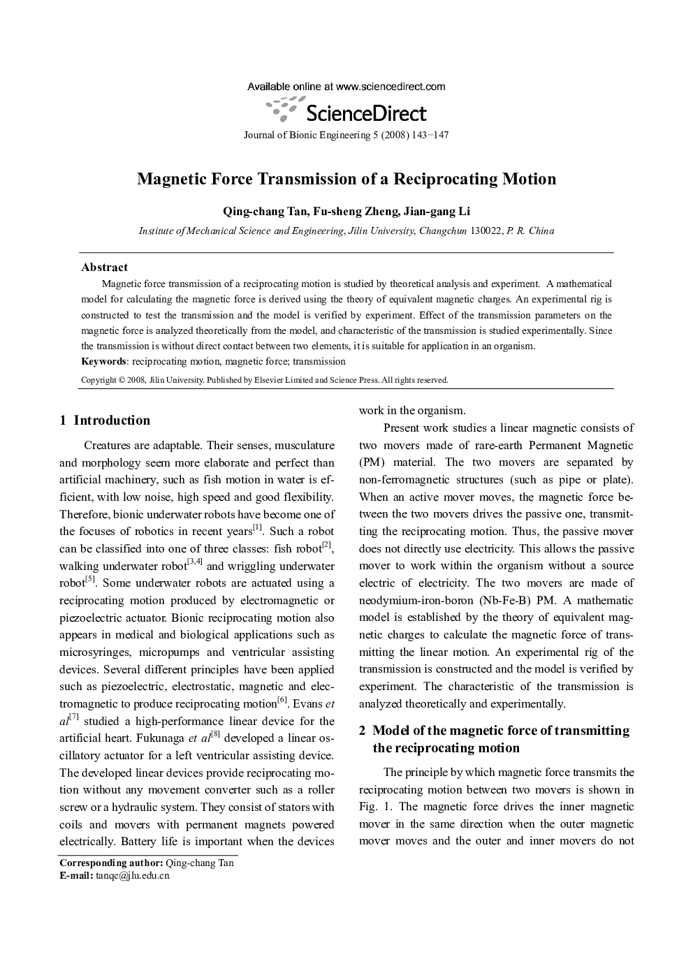Magnetic Force Transmission of a Reciprocating Motion
