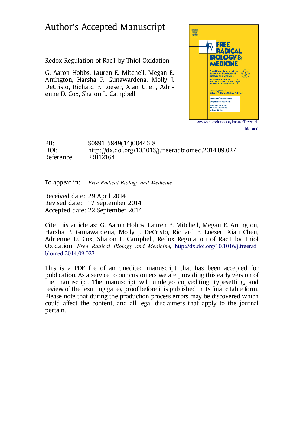 Redox regulation of Rac1 by thiol oxidation