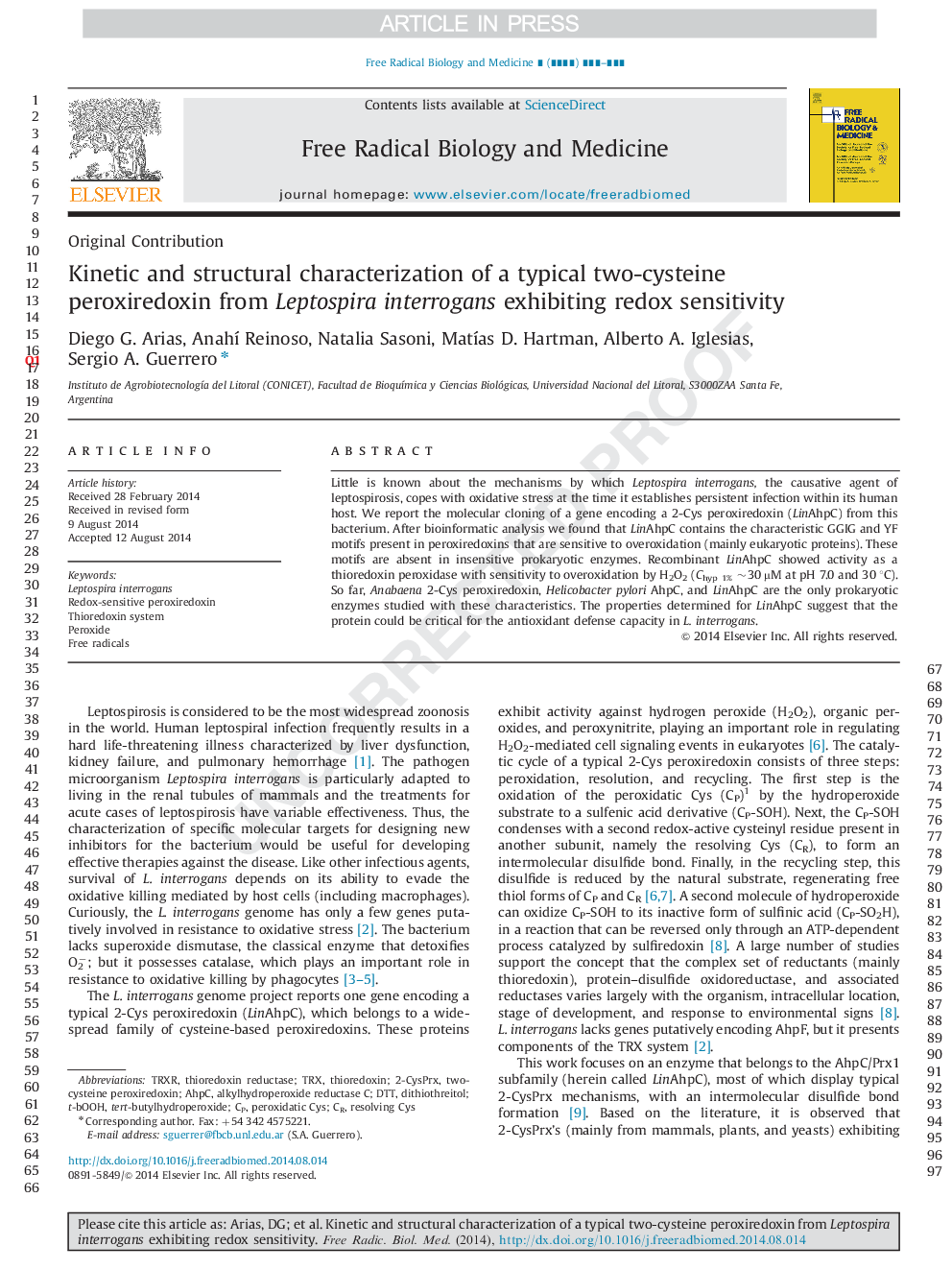 Kinetic and structural characterization of a typical two-cysteine peroxiredoxin from Leptospira interrogans exhibiting redox sensitivity