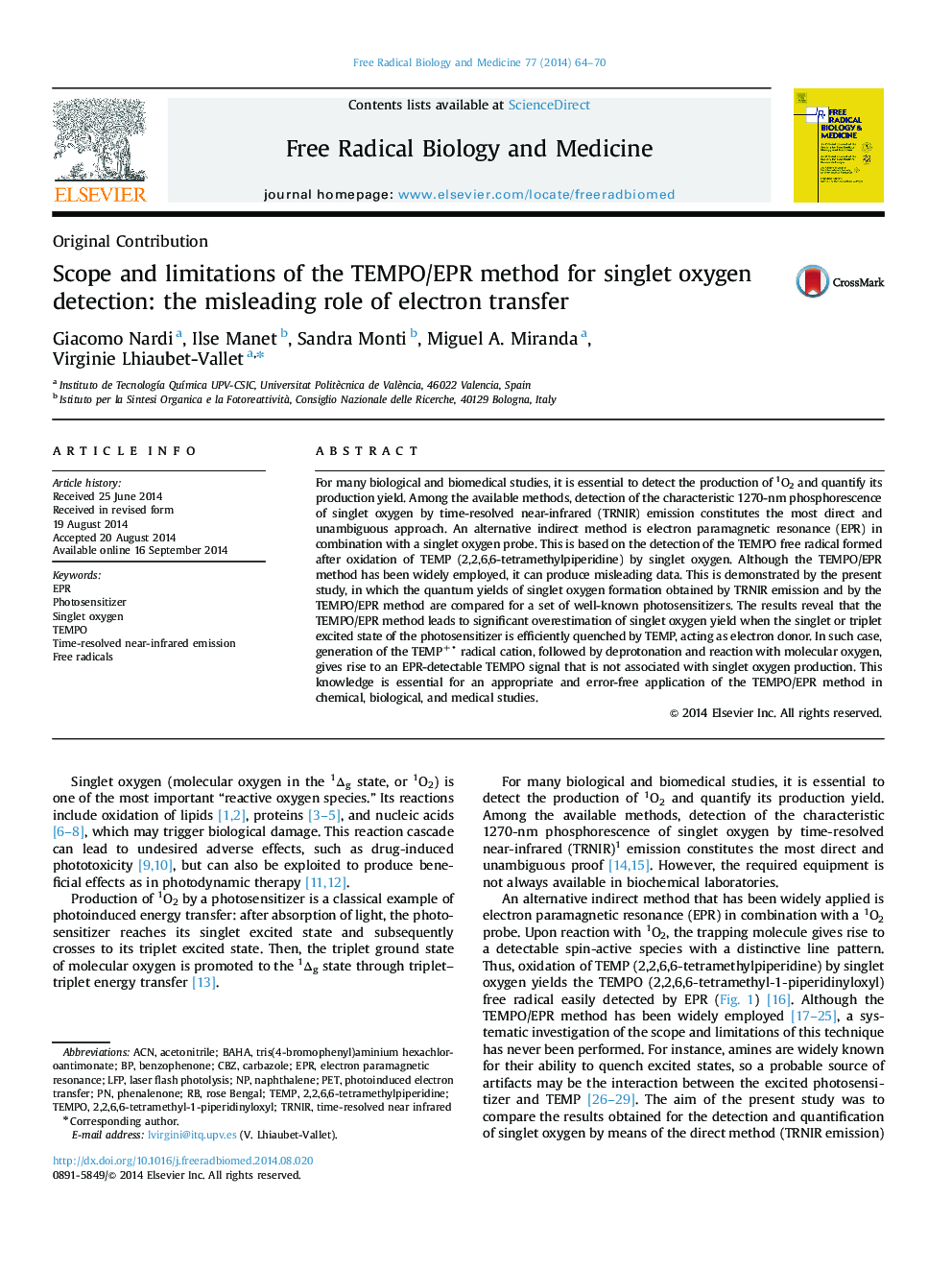 Scope and limitations of the TEMPO/EPR method for singlet oxygen detection: the misleading role of electron transfer