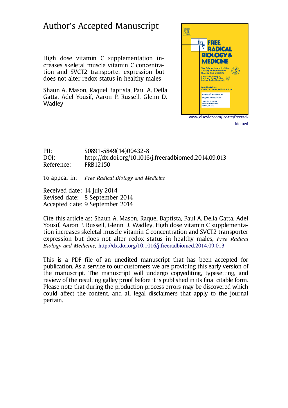 High-dose vitamin C supplementation increases skeletal muscle vitamin C concentration and SVCT2 transporter expression but does not alter redox status in healthy males