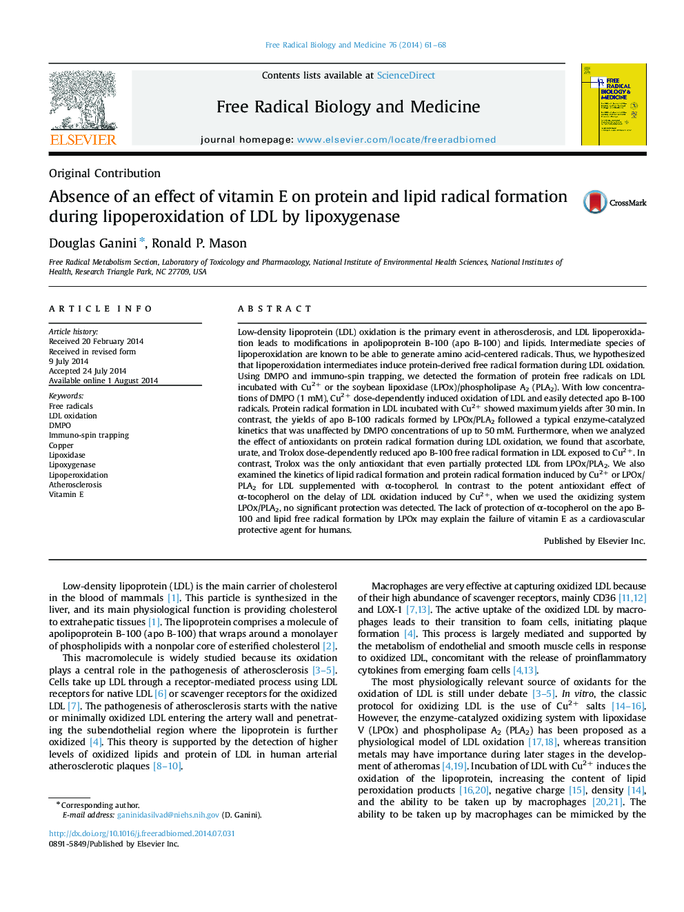 Absence of an effect of vitamin E on protein and lipid radical formation during lipoperoxidation of LDL by lipoxygenase