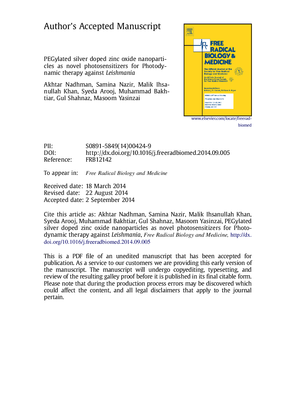 PEGylated silver doped zinc oxide nanoparticles as novel photosensitizers for photodynamic therapy against Leishmania