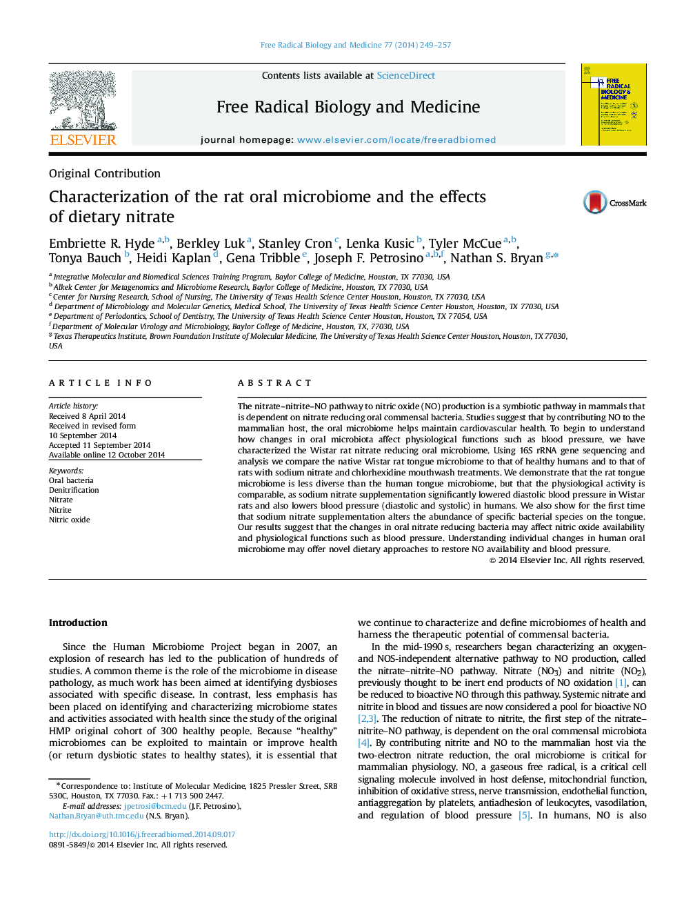 Characterization of the rat oral microbiome and the effects of dietary nitrate