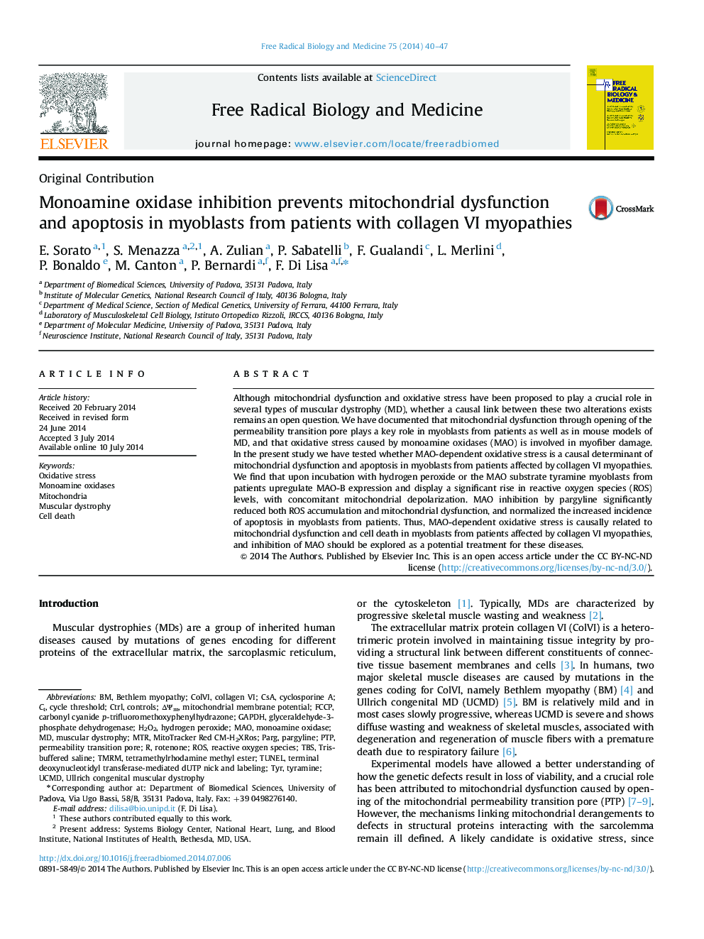 Monoamine oxidase inhibition prevents mitochondrial dysfunction and apoptosis in myoblasts from patients with collagen VI myopathies