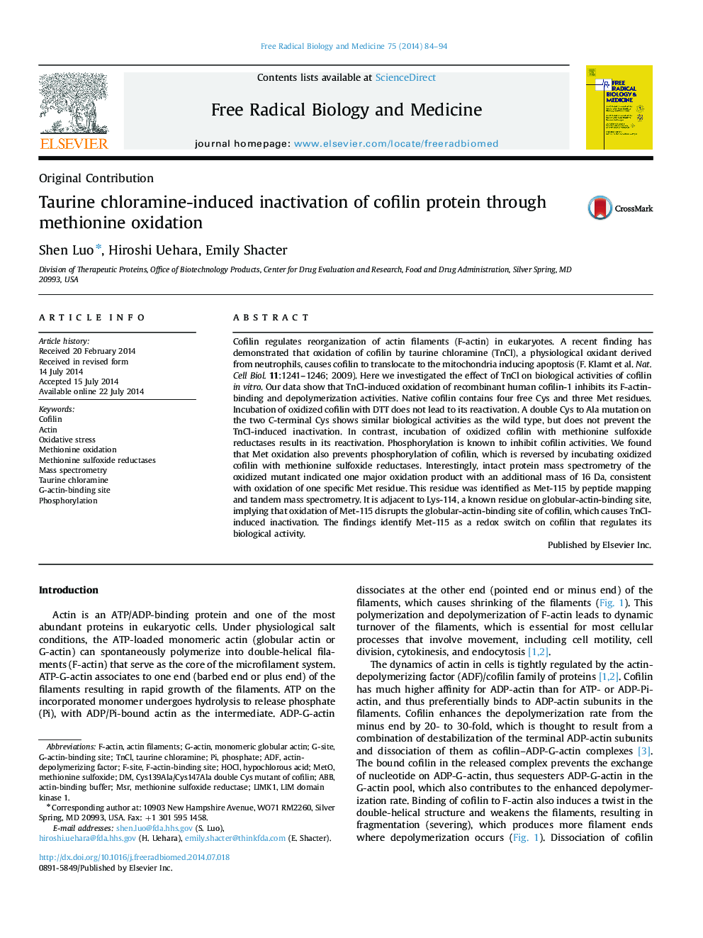 Taurine chloramine-induced inactivation of cofilin protein through methionine oxidation