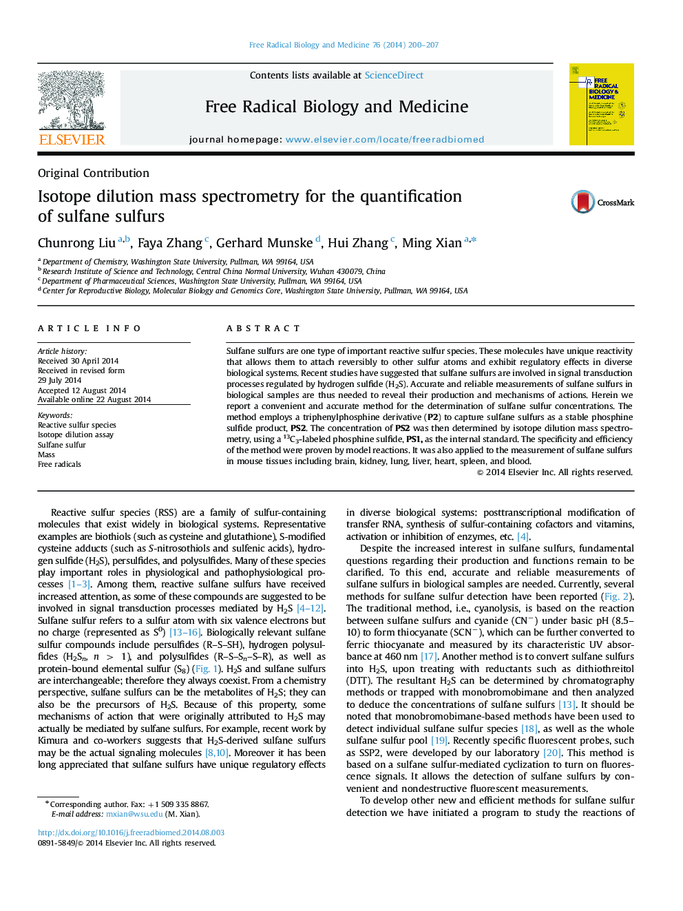 Isotope dilution mass spectrometry for the quantification of sulfane sulfurs