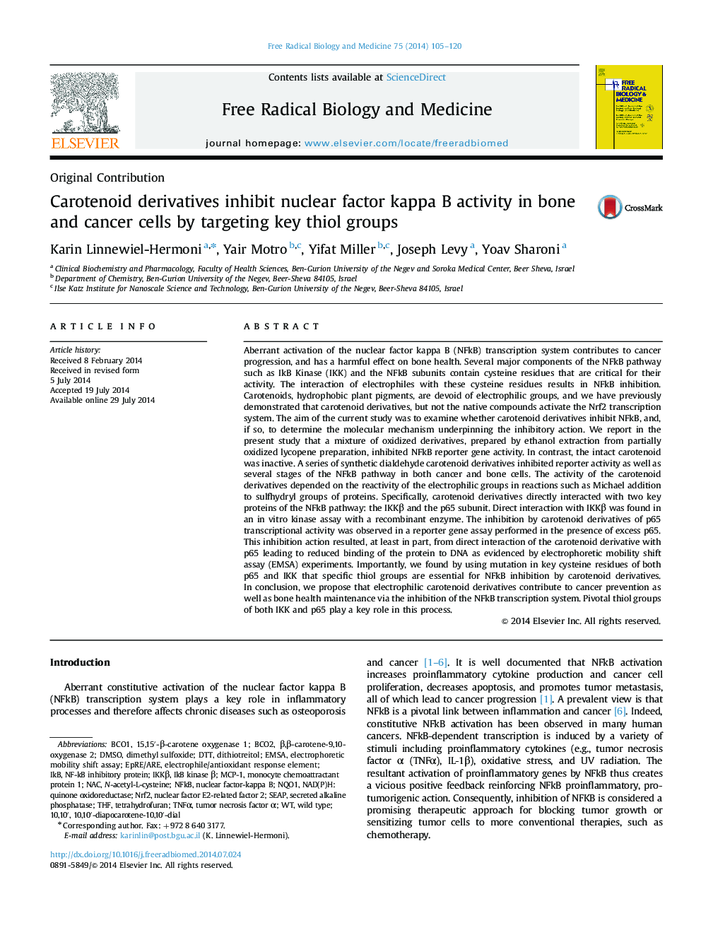 Carotenoid derivatives inhibit nuclear factor kappa B activity in bone and cancer cells by targeting key thiol groups