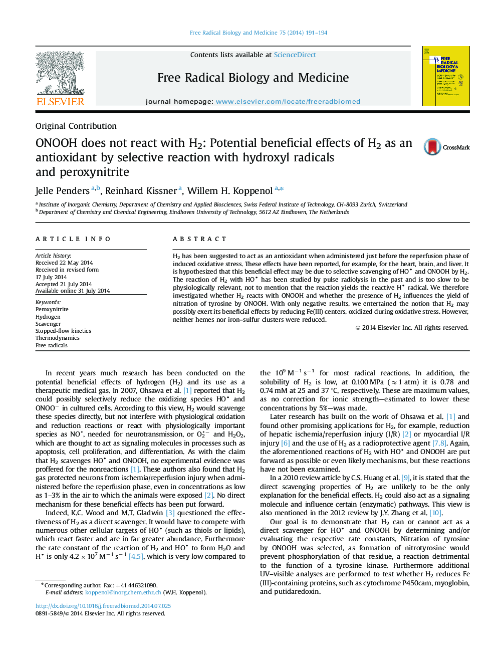 ONOOH does not react with H2: Potential beneficial effects of H2 as an antioxidant by selective reaction with hydroxyl radicals and peroxynitrite