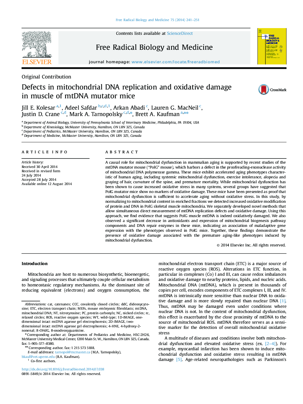 Defects in mitochondrial DNA replication and oxidative damage in muscle of mtDNA mutator mice