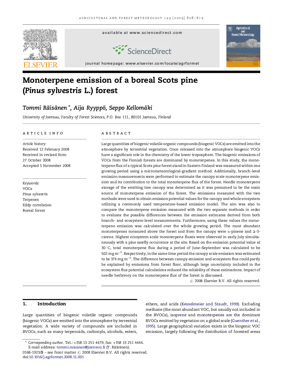 Monoterpene emission of a boreal Scots pine (Pinus sylvestris L.) forest