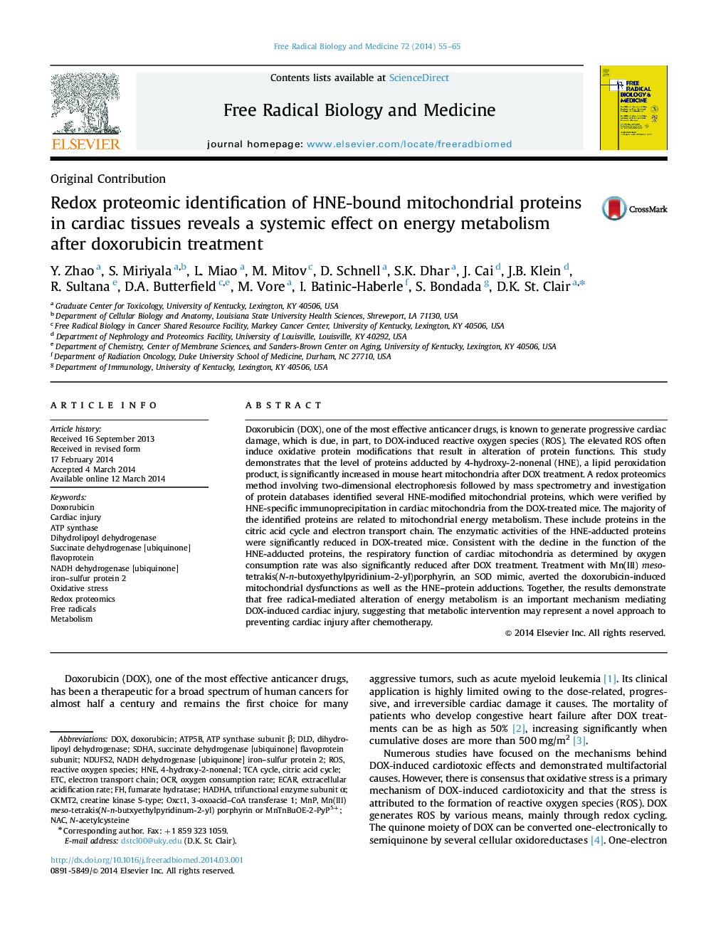 Redox proteomic identification of HNE-bound mitochondrial proteins in cardiac tissues reveals a systemic effect on energy metabolism after doxorubicin treatment