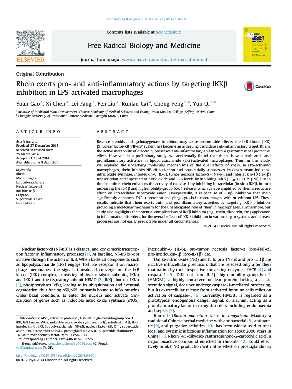 Rhein exerts pro- and anti-inflammatory actions by targeting IKKÎ² inhibition in LPS-activated macrophages