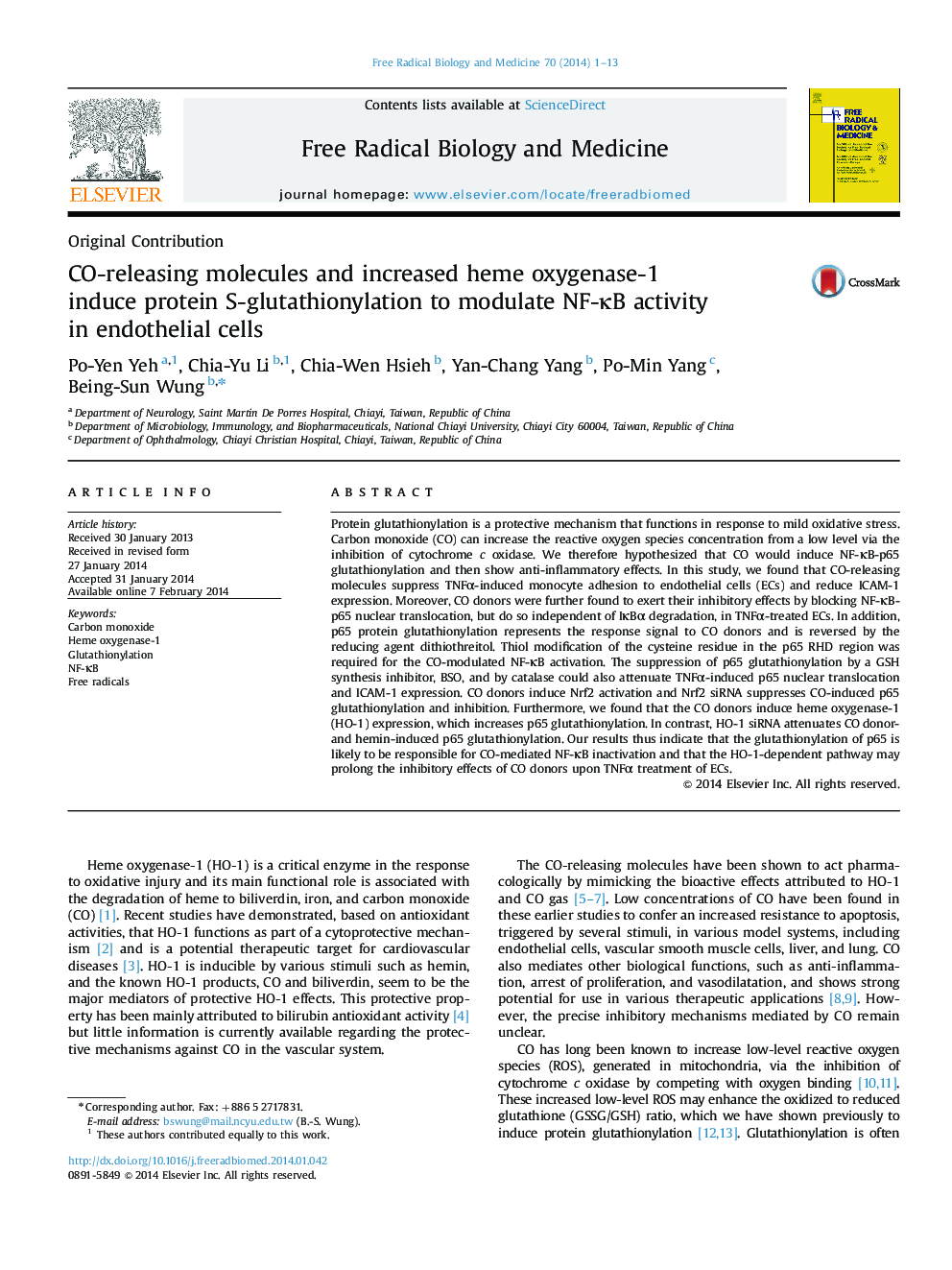 CO-releasing molecules and increased heme oxygenase-1 induce protein S-glutathionylation to modulate NF-ÎºB activity in endothelial cells