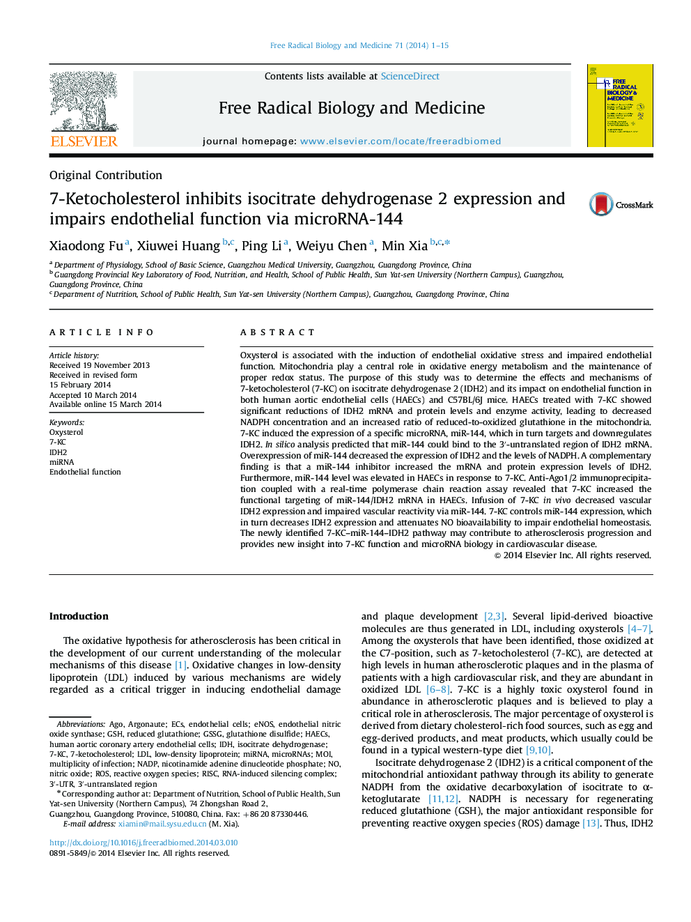 عکس صفحه اول مقاله: 7-Ketocholesterol inhibits isocitrate dehydrogenase 2 expression and impairs endothelial function via microRNA-144 7-Ketocholesterol inhibits isocitrate dehydrogenase 2 expression and impairs endothelial function via microRNA-144