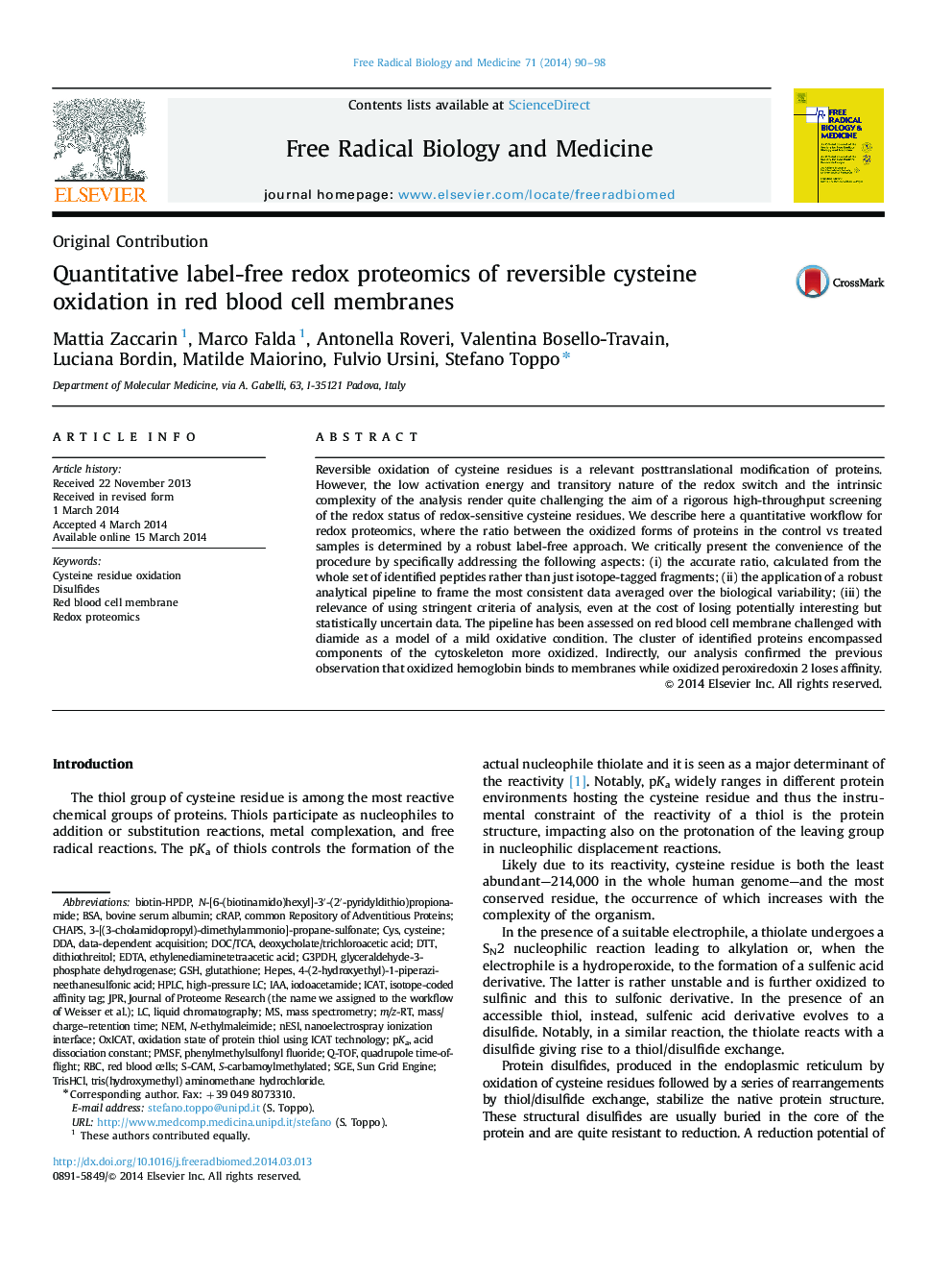 Quantitative label-free redox proteomics of reversible cysteine oxidation in red blood cell membranes