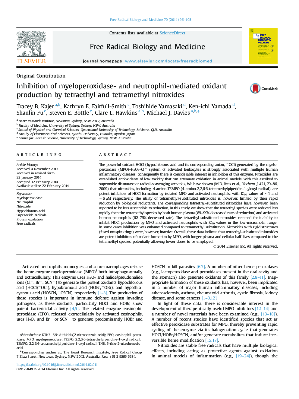 Inhibition of myeloperoxidase- and neutrophil-mediated oxidant production by tetraethyl and tetramethyl nitroxides