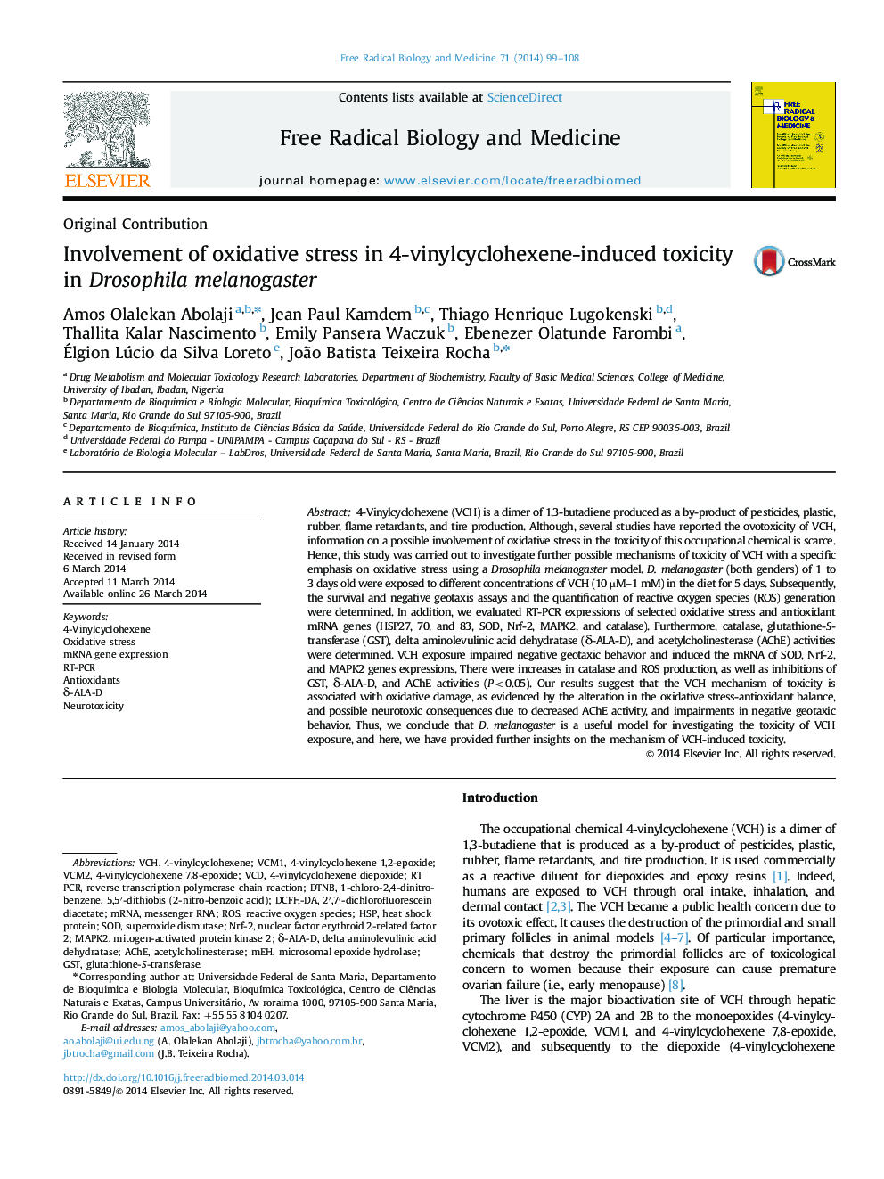 Involvement of oxidative stress in 4-vinylcyclohexene-induced toxicity in Drosophila melanogaster