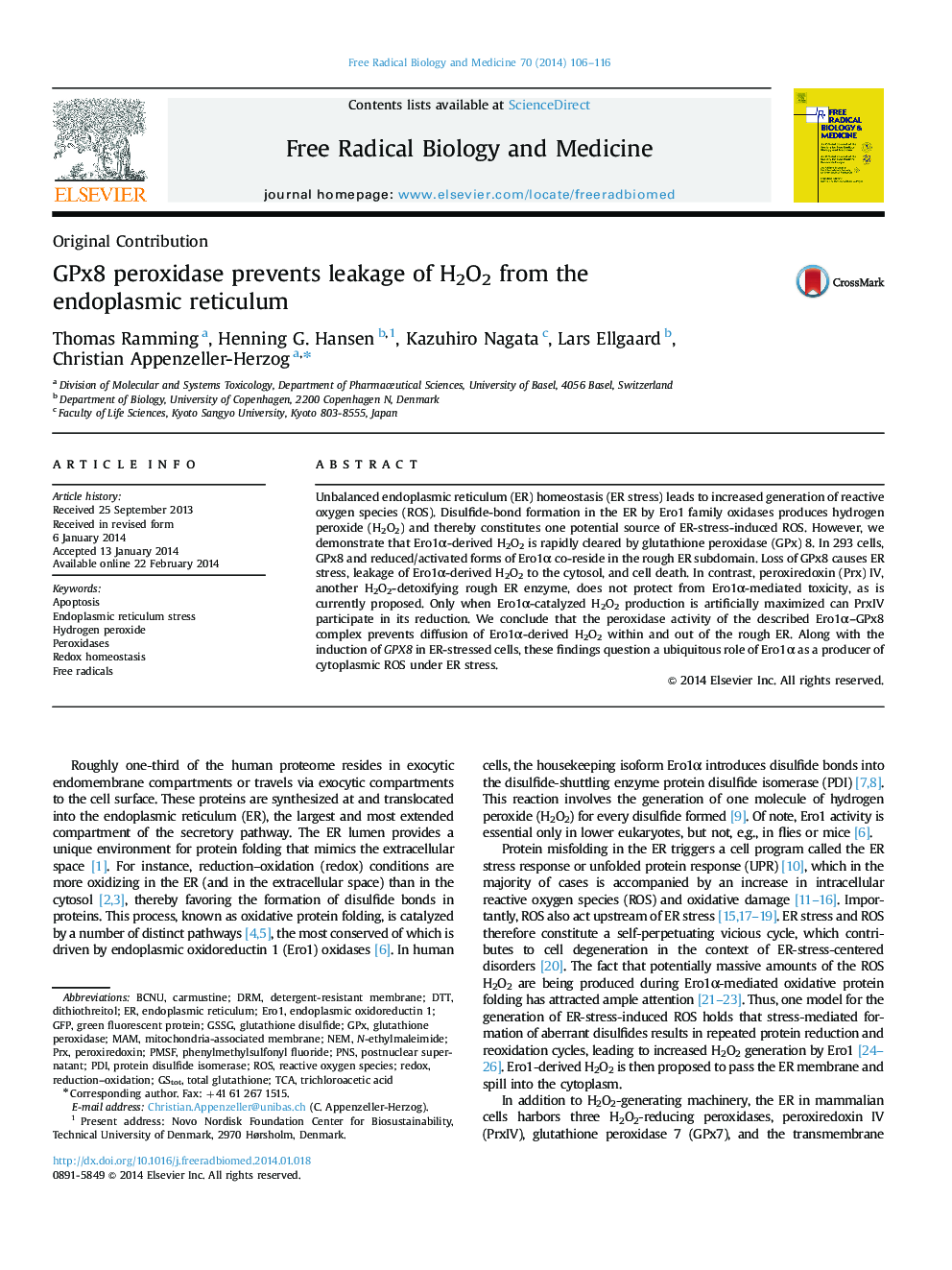 GPx8 peroxidase prevents leakage of H2O2 from the endoplasmic reticulum