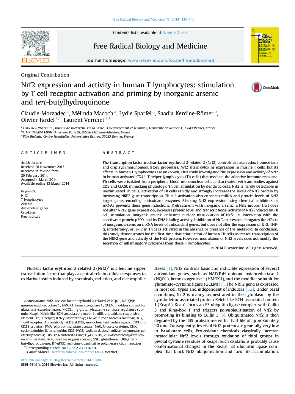 Nrf2 expression and activity in human T lymphocytes: stimulation by T cell receptor activation and priming by inorganic arsenic and tert-butylhydroquinone