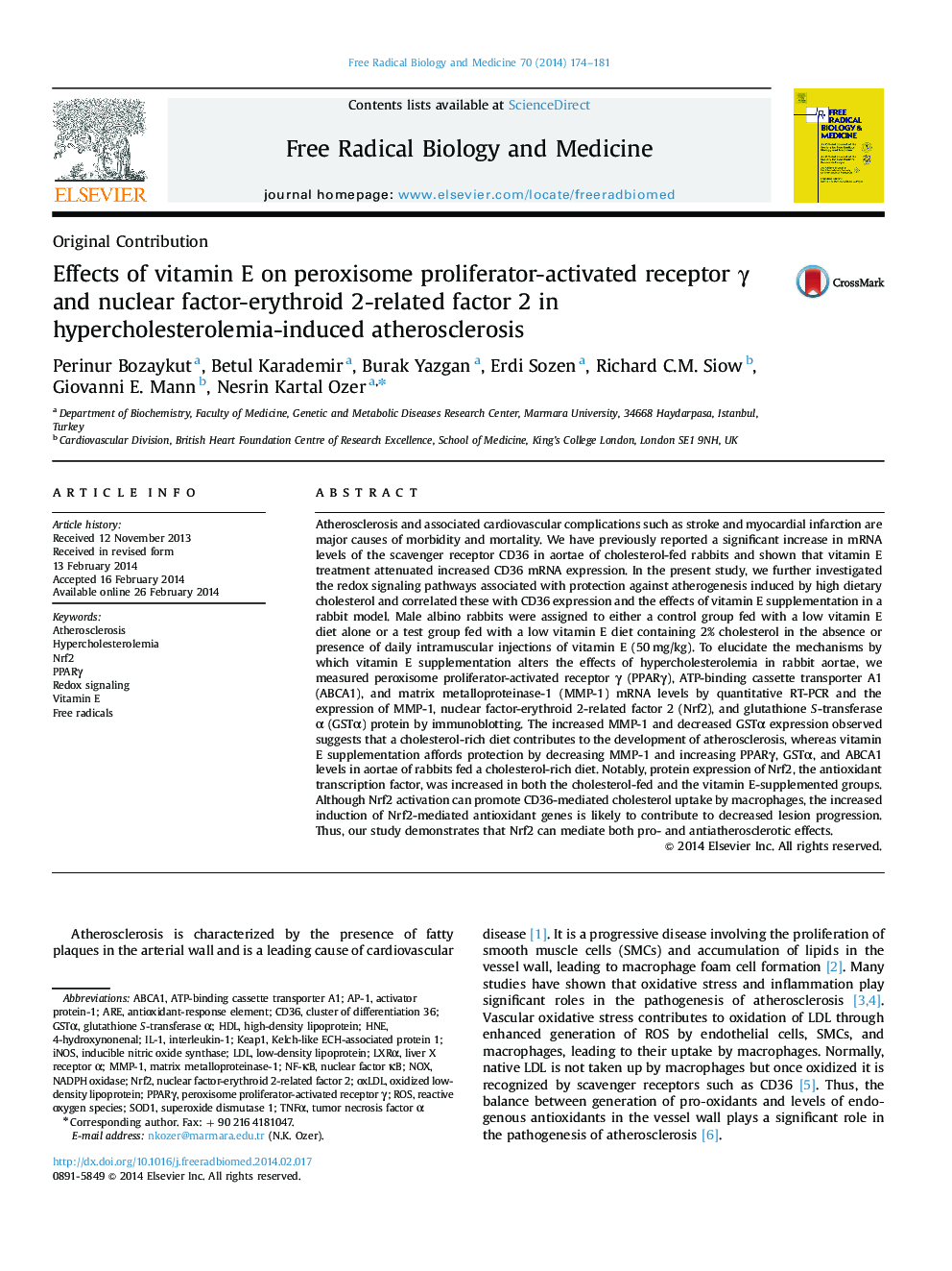 Effects of vitamin E on peroxisome proliferator-activated receptor Î³ and nuclear factor-erythroid 2-related factor 2 in hypercholesterolemia-induced atherosclerosis