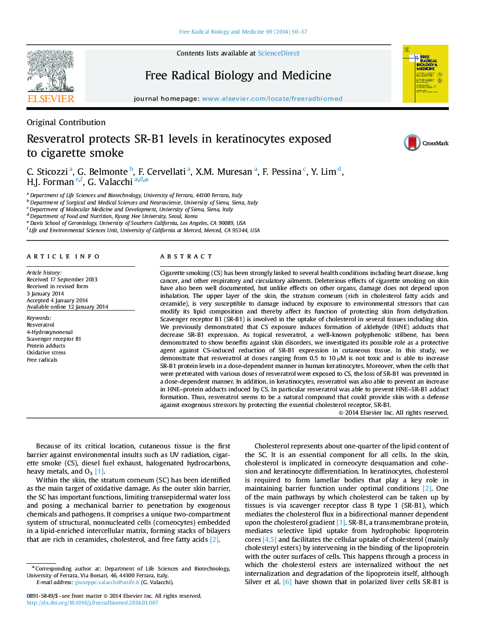 Resveratrol protects SR-B1 levels in keratinocytes exposed to cigarette smoke