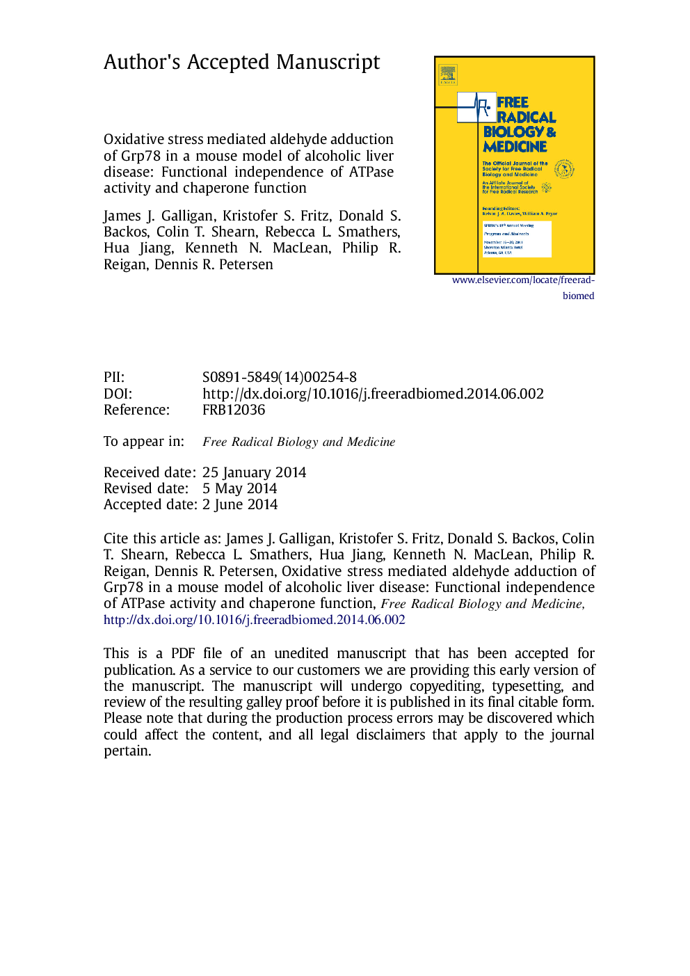 Oxidative stress-mediated aldehyde adduction of GRP78 in a mouse model of alcoholic liver disease: functional independence of ATPase activity and chaperone function