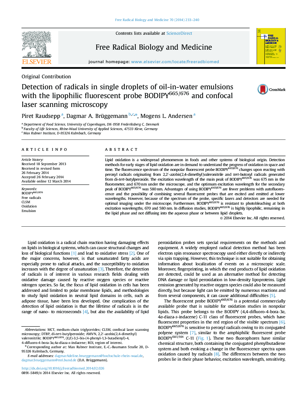 Detection of radicals in single droplets of oil-in-water emulsions with the lipophilic fluorescent probe BODIPY665/676 and confocal laser scanning microscopy