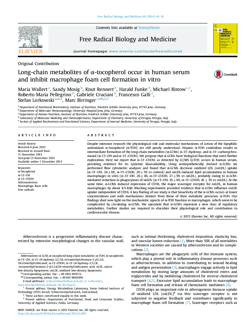 Long-chain metabolites of Î±-tocopherol occur in human serum and inhibit macrophage foam cell formation in vitro