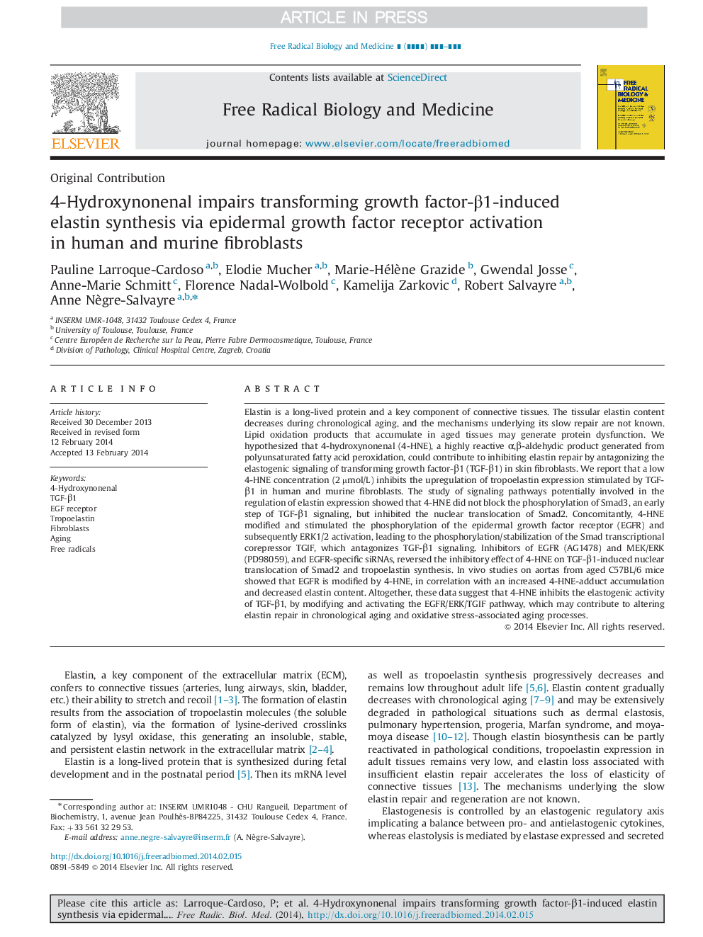 4-Hydroxynonenal impairs transforming growth factor-Î²1-induced elastin synthesis via epidermal growth factor receptor activation in human and murine fibroblasts