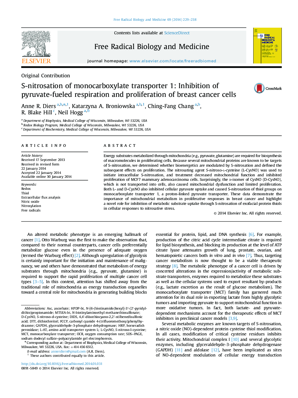 S-nitrosation of monocarboxylate transporter 1: Inhibition of pyruvate-fueled respiration and proliferation of breast cancer cells