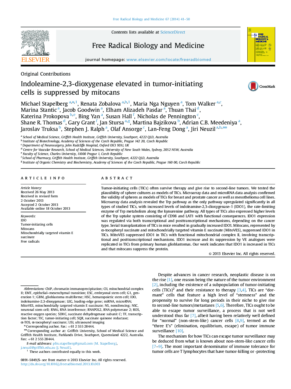 Indoleamine-2,3-dioxygenase elevated in tumor-initiating cells is suppressed by mitocans