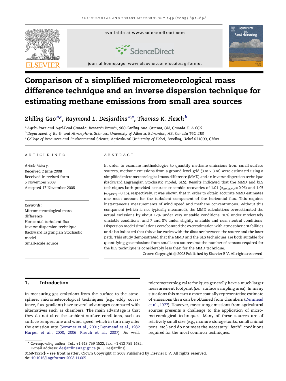 عکس صفحه اول مقاله: Comparison of a simplified micrometeorological mass difference technique and an inverse dispersion technique for estimating methane emissions from small area sources Comparison of a simplified micrometeorological mass difference technique and an inverse dispersion technique for estimating methane emissions from small area sources