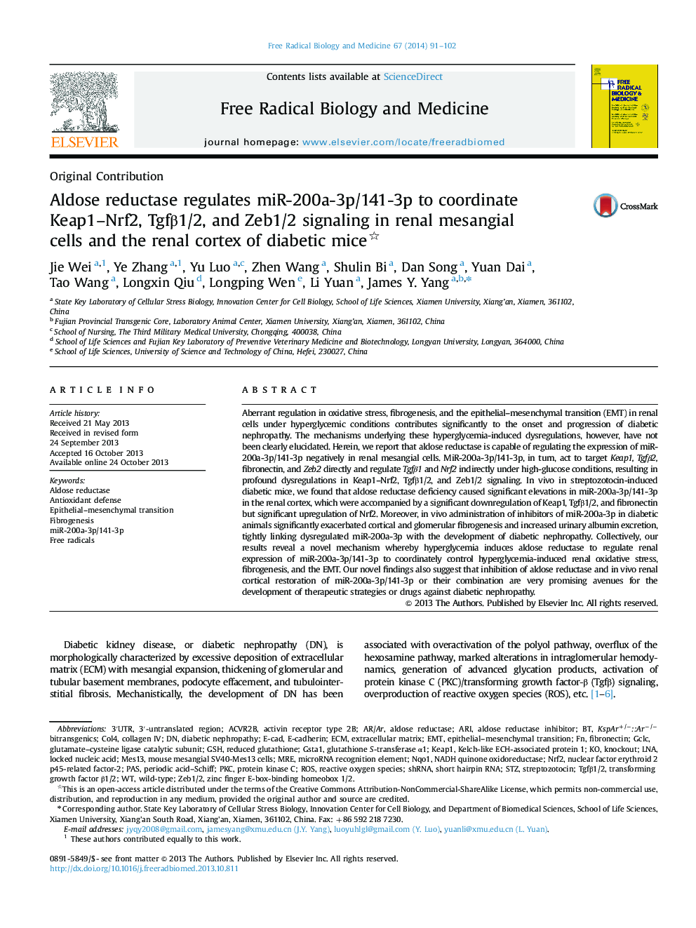 Aldose reductase regulates miR-200a-3p/141-3p to coordinate Keap1-Nrf2, TgfÎ²1/2, and Zeb1/2 signaling in renal mesangial cells and the renal cortex of diabetic mice