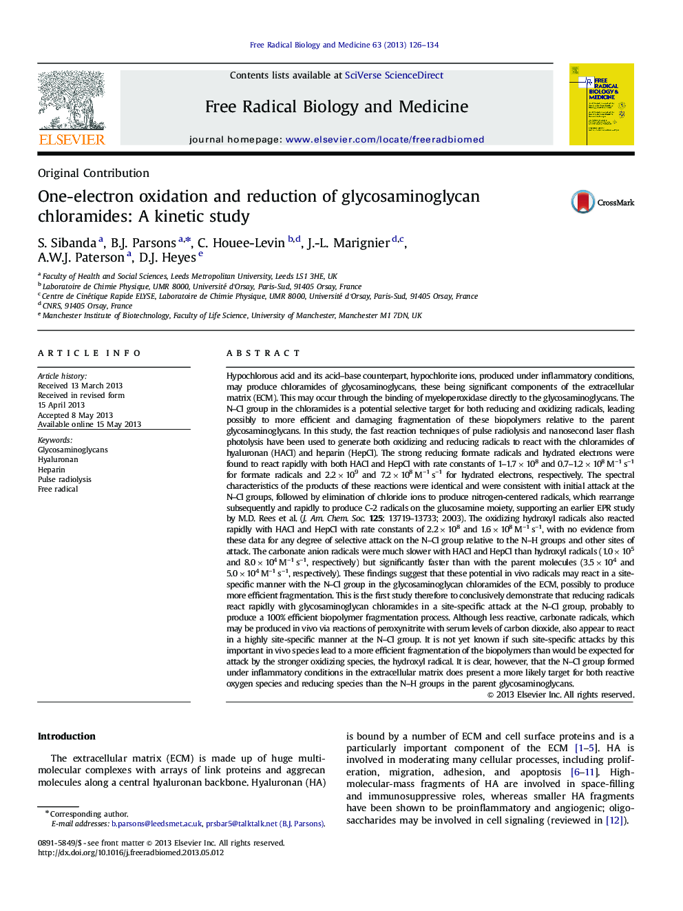 One-electron oxidation and reduction of glycosaminoglycan chloramides: A kinetic study