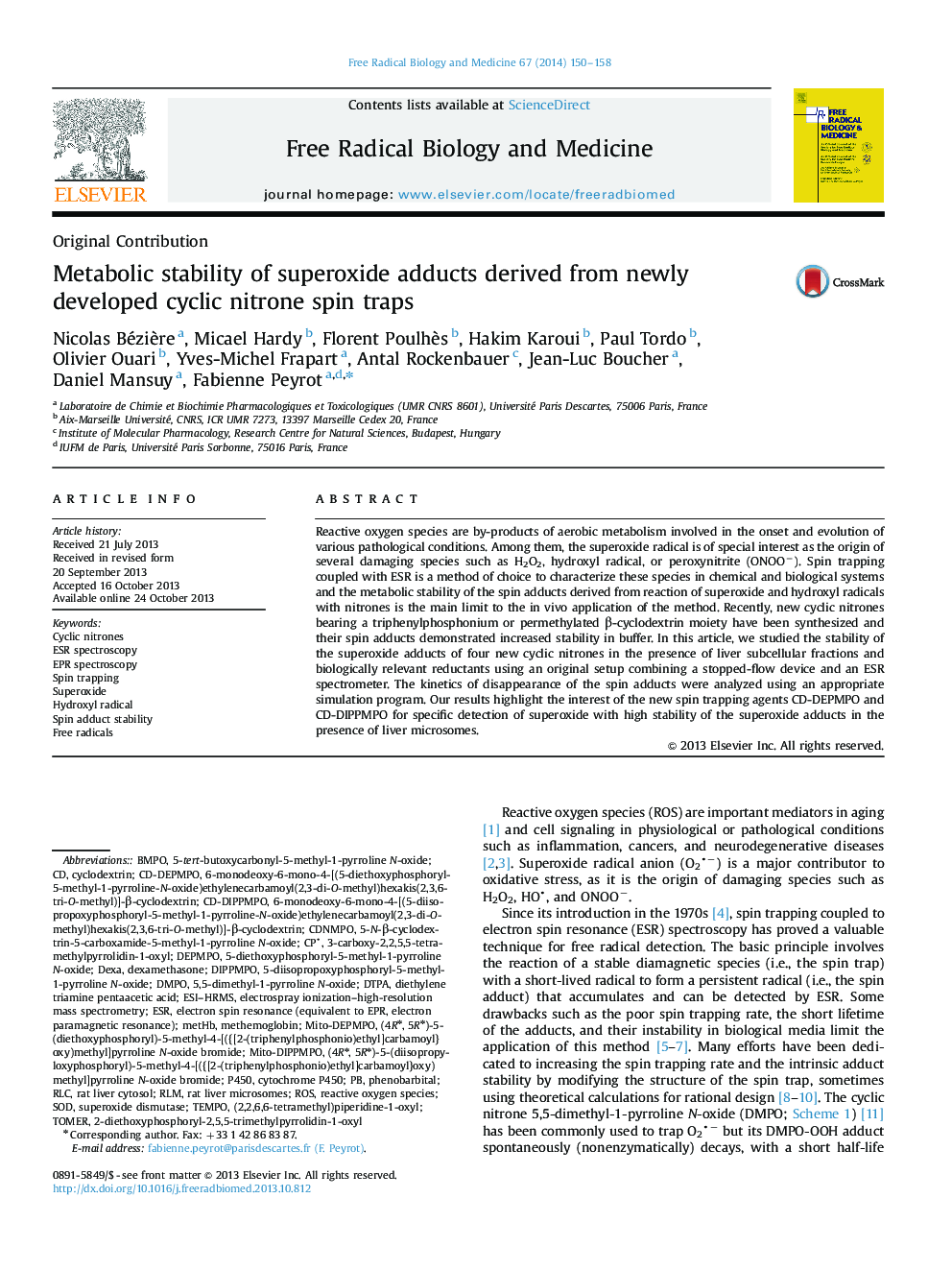 Metabolic stability of superoxide adducts derived from newly developed cyclic nitrone spin traps